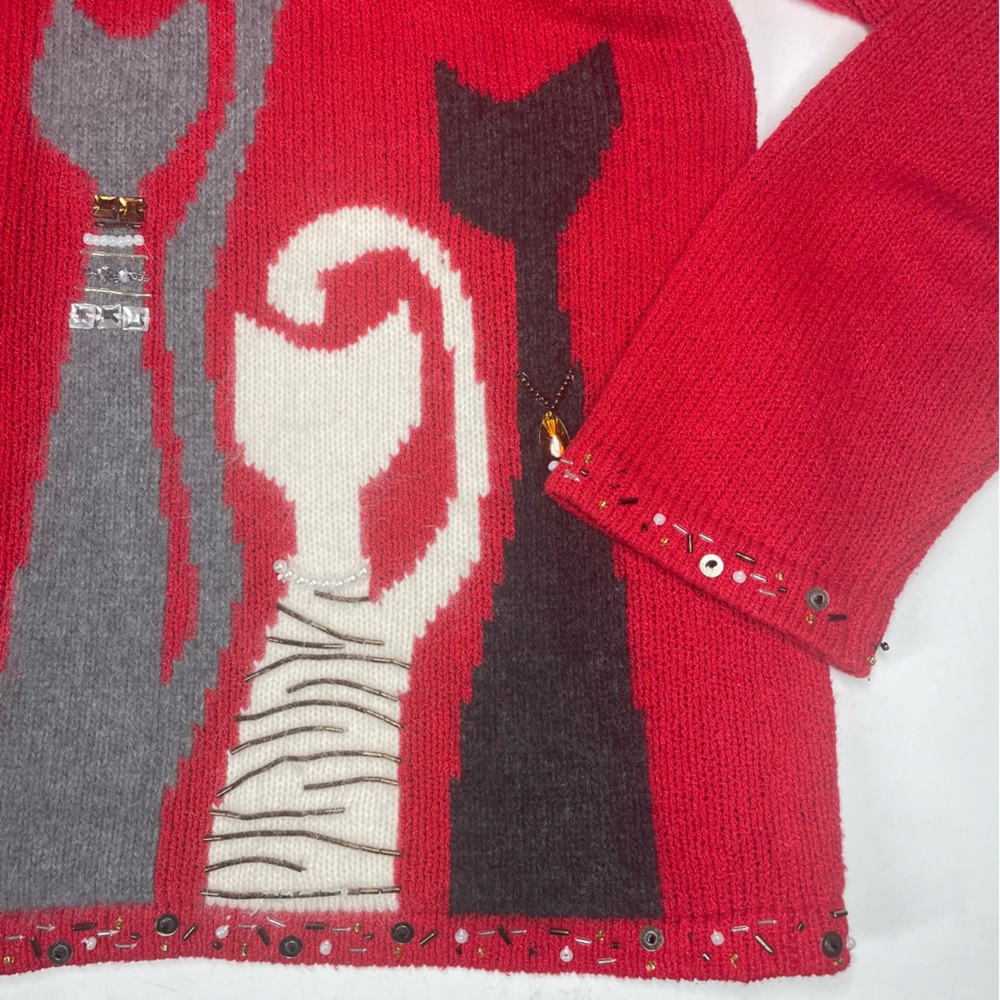 Coldwater Creek Cat Embellished Zip Front Sweater Red Womens 1X Beaded Trim - Picture 4 of 6